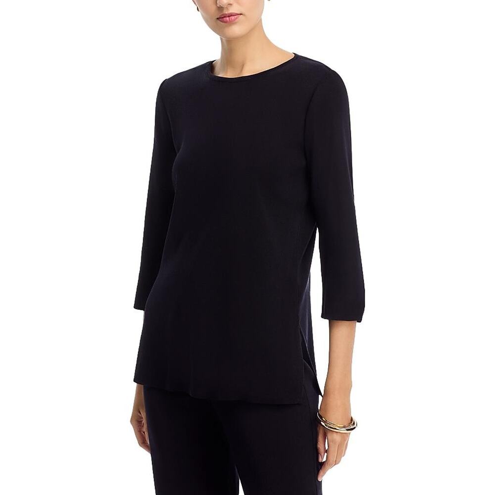 Eileen Fisher Tunic Top Petite Medium Black Jewel-Neck 3/4 Sleeve Flex Ponte